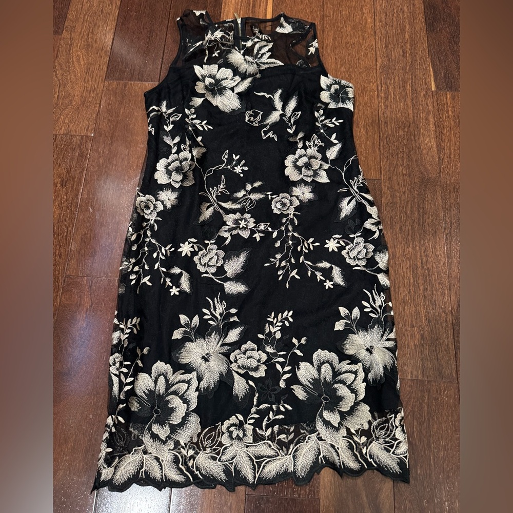 Calvin Klein Black Dress with Metallic gold/tan Floral Embroidery